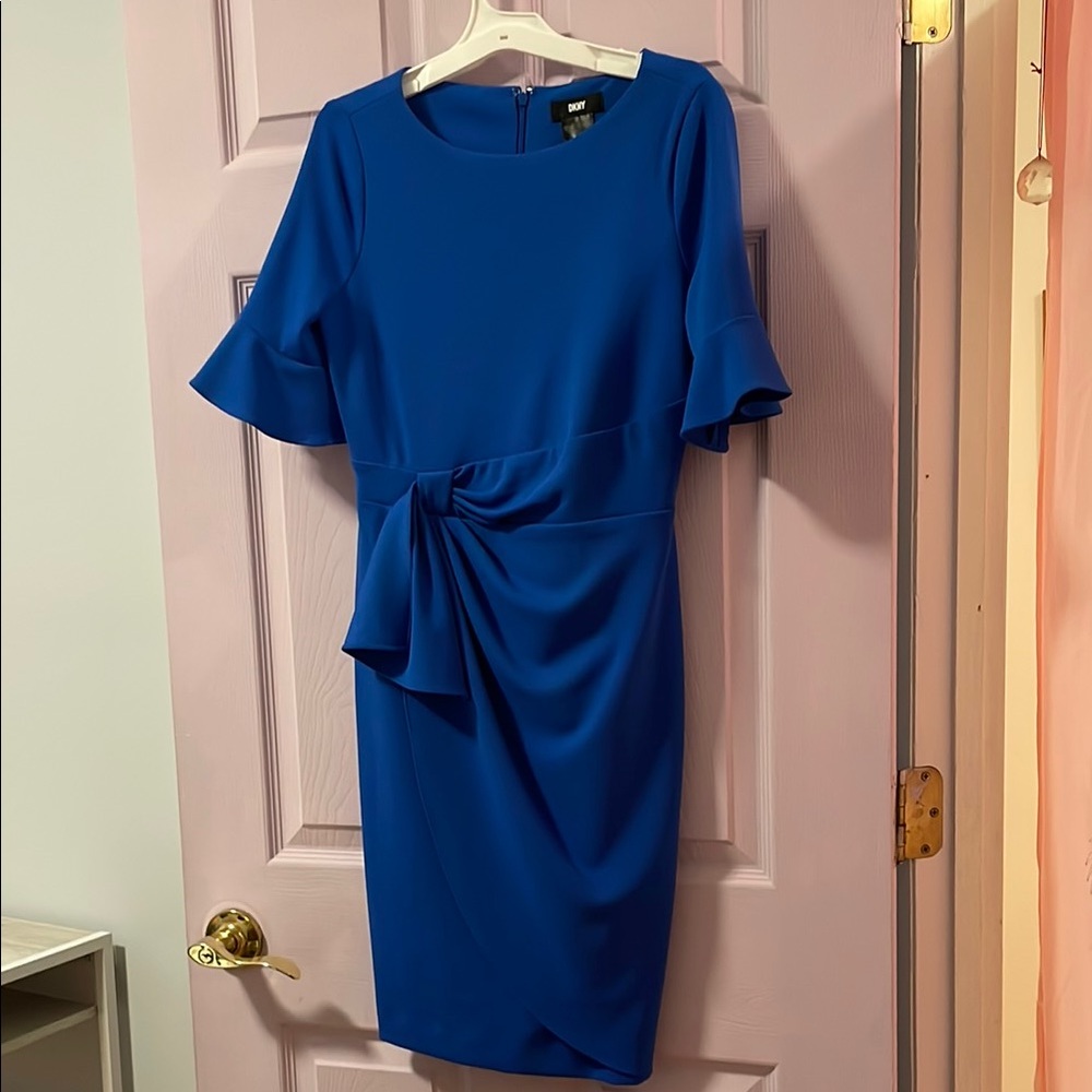 DKNY Elegant Blue Dress with Ruffle Sleeves